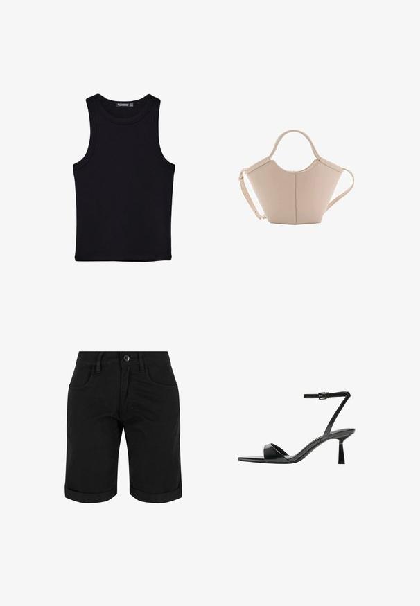 Čierny tank top vyrobený z bavlny, s okrúhlym výstrihom a širokými ramienkami. Hladká textúra so zošitými okrajmi. Klasický, minimalistický dizajn.; Čierne bavlnené šortky s gombíkovým zapínaním, s opaskanými manžetami, dvoma prednými vreckami a hladkým povrchom.; Bershka Sandále na vysokom opätku - black; Béžová kožená kabelka s unikátnym tvarom, vybavená dvoma krátkymi uchami a jedným dlhým nastaviteľným popruhom. Hladký povrch s minimálnym kovovým príslušenstvom.