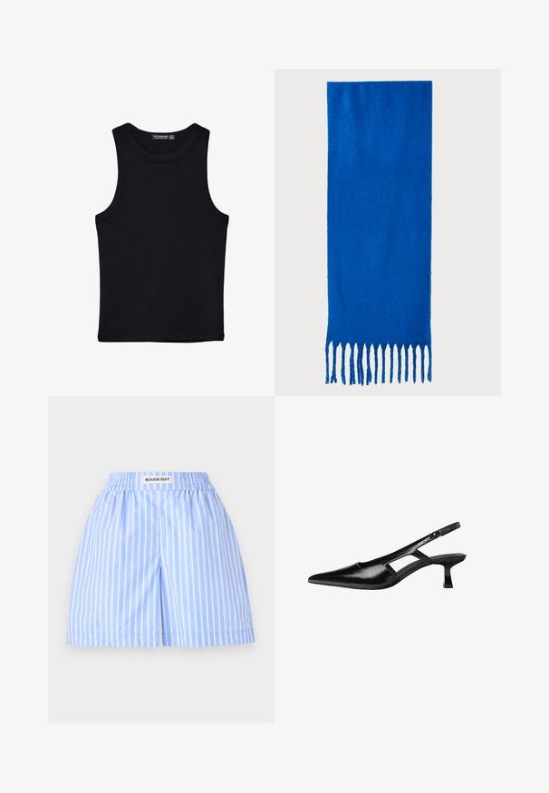 Czarny top na ramionczkach wykonany z bawełny, z okrągłym dekoltem i szerokimi wycięciami na ramionach. Gładka tekstura z przeszytymi brzegami. Klasyczny, minimalistyczny design.; Jasnoniebieskie szorty w białe pionowe paski, z elastycznym paskiem w talii z napisem "ROUGE EDIT". Gładki, lekki materiał o luźnym kroju.; Czarne lakierowane czółenka na odkrytej pięcie z wąskim noskiem, z wykrojem po bokach i małym kwadratowym obcasem. Gładka faktura z minimalnymi akcentami.; Niebieski szalik z frędzlami wykonany z miękkiego materiału; ma jednolity kolor z teksturowaną powierzchnią i równomiernie przyciętymi frędzlami na dole.; Brązowa skórzana torba na ramię o zaokrąglonym kształcie, ze złotymi akcentami i zapięciem w formie klamry. Posiada odpinany pasek na ramię.