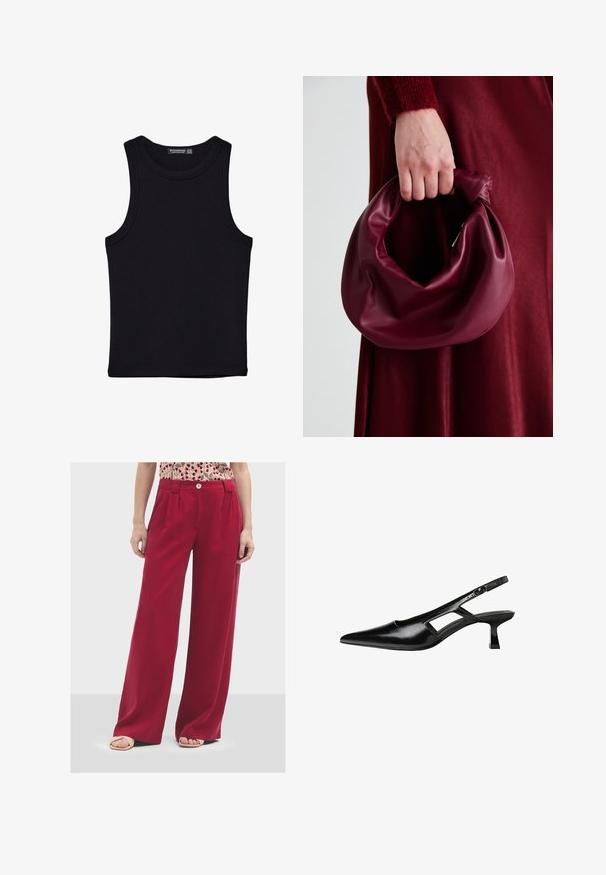 Černý top na ramínka vyrobený z bavlny, s kulatým výstřihem a širokými průramky. Hladká textura s prošitými lemy. Klasický, minimalistický design.; Široké červené kalhoty vyrobené z měkké látky. Jsou vybavené knoflíkovým zapínáním a záhyby vpředu. Hladká textura a ležérní střih.; Černé lakované lodičky na podpatku se špičatou špičkou, výřezovým designem na boku a malým čtvercovým podpatkem. Hladká textura s minimálními akcenty.; Burgundská kožená kabelka s měkkým, nabíraným designem a zaobleným tvarem. Ucho je zajištěné a vykazuje hladkou texturu.