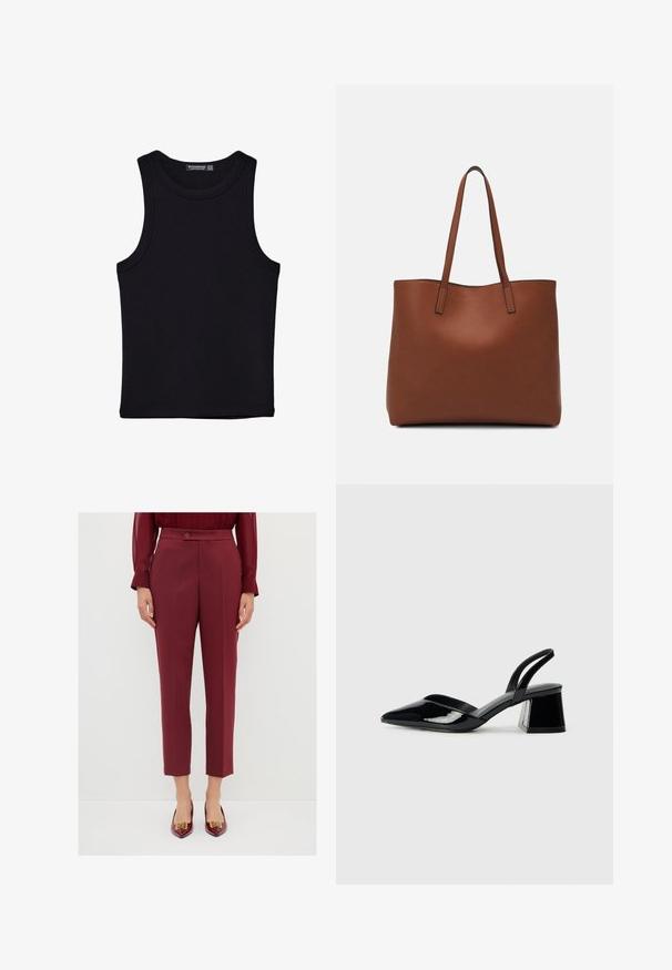 Černý top na ramínka vyrobený z bavlny, s kulatým výstřihem a širokými průramky. Hladká textura s prošitými lemy. Klasický, minimalistický design.; Burgundské oblekové kalhoty s hladkou texturou, s uzávěrem na knoflík, s plisovaným předním dílem a zkrácenou délkou. Skombinované s botami s špičatou špičkou.; Černé lakované kožené lodičky na pásku s špičatou špičkou a geometrickým blokovým podpatkem. Vyznačují se elegantním, minimalistickým designem a hladkým povrchem.; Hnědá kožená taška přes rameno s hladkou texturou, otevřeným designem a dvěma ramenními popruhy. Obsahuje minimální švy a žádné viditelné kovové prvky.