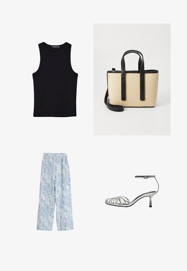 Schwarzes Tanktop aus Baumwolle mit rundem Halsausschnitt und weiten Armöffnungen. Glatte Textur mit genähten Säumen. Klassisches, minimalistisches Design.; Hellblaue, gemusterte, weite Hose mit elastischem Bund, die ein florales Design und vertikale Linien aufweist und aus einem weichen Stoff gefertigt ist.; Silberne Sandale mit Riemchen und niedrigem Absatz, ausgestattet mit mehreren überkreuzten Riemen, einem Knöchelriemen mit Schnalle und einer glatten, glänzenden Oberfläche.; Geflochtene Stroh-Handtasche mit schwarzen Ledergriffen und Akzenten. Rechteckige Form, geräumiges Innenleben und abnehmbarer Schultergurt.