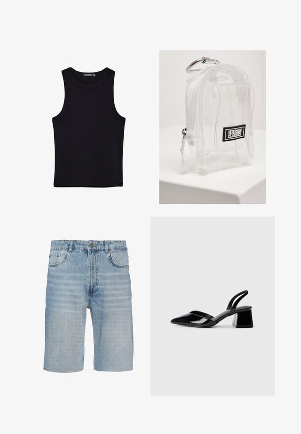 Čierny tank top vyrobený z bavlny, s okrúhlym výstrihom a širokými ramienkami. Hladká textúra so zošitými okrajmi. Klasický, minimalistický dizajn.; Džínové šortky vo svetlom modrom odtieni, s klasickým dizajnom piatich vreciek, zapínaním na gombík, rovný strih a jemným vyblednutím na látke.; Čierne lakované kožené sandálové podpätky s špicatou špičkou a geometrickým blokovým podpätkom. Disponujú elegantným, minimalistickým dizajnom a hladkým povrchom.; Priehľadný PVC mini batoh s bielym zipsom a popruhom. Obsahuje čierny logo nášivku a strieborný karabín. Kompaktný obdĺžnikový tvar.