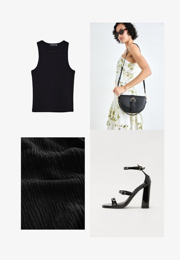 Débardeur noir en coton, avec un col rond et des emmanchures larges. Texture lisse avec des ourlets cousus. Design classique et minimaliste.; Tissu noir froissé avec une surface texturée, présentant de profonds reliefs et des nuances variées, créant une apparence dimensionnelle.; Sandales à talons hauts en cuir verni noir avec deux brides à boucles, bout carré et talon bloc épais, présentant une texture lisse et brillante.; Sac à main en cuir noir avec une forme courbée, bandoulière amovible et des accessoires en or. Le sac est doté d'un rabat avec un détail de boucle.