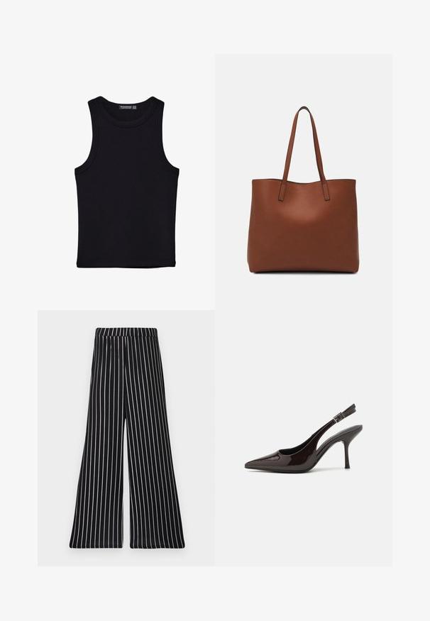 Črna majica brez rokavov iz bombaža, z okroglim izrezom in širokimi odprtinami za roke. Gladka tekstura s šivi na robovih. Klasičen, minimalističen dizajn.; Črne in bele črtaste široke hlače z elastičnim pasom, ki imajo vertikalne črte iz mehke, raztegljive tkanine.; Slingback visoke pete v sijajni temno rjavi lak koži, koničastim nosom, odprtimi stranmi in nastavljivim gležnjenčkim trakom.; Rjava usnjena torba z gladko teksturo, odprto zasnovo zgoraj in dvema naramnima trakovoma. Opremljena je z minimalnim šivanjem in brez vidnih kovinskih delov.