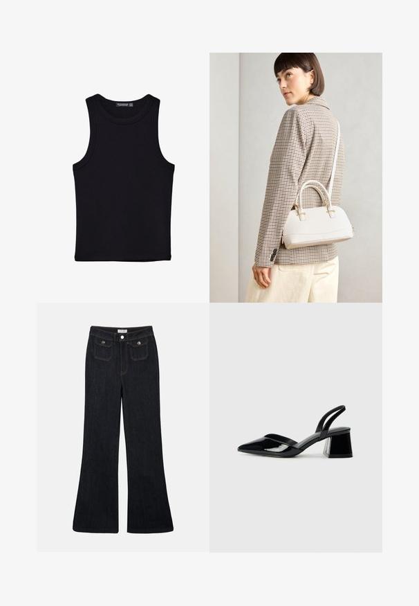 Musta hihaton paita, joka on valmistettu puuvillasta, ja jossa on pyöreä kaula-aukko sekä leveät kainaloaukot. Silkkinen pinta ja ommellut reunat. Klassinen, minimalistinen muotoilu.; Tummat farkut, joissa on leveät lahkeet ja korkea vyötärö, kaksi etutaskua sekä oranssit ompeleet. Materiaali näyttää kovalta ja sileältä.; Mustat patentoitu nahkakengät, joissa on säären takaosa ja terävä kärki, sekä geometrinen palikkakorko. Sisältää tyylikkään, minimalistisen muotoilun ja sileän pinnan.; Valkoinen rakenteellinen käsilaukku, jossa on lyhyet kahvat ja olkahihna, varustettu kultaisilla metalliosilla ja tekstuurilla, esillä harmaata taustaa vasten.