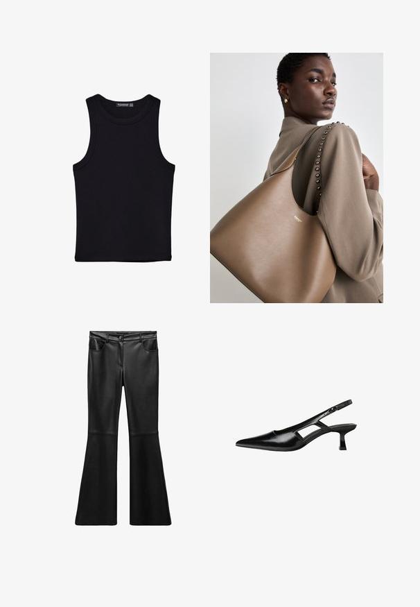 Černý top na ramínka vyrobený z bavlny, s kulatým výstřihem a širokými průramky. Hladká textura s prošitými lemy. Klasický, minimalistický design.; Černé kalhoty z umělé kůže se splývavým střihem, hladkou texturou, vysokým pasem, předními kapsami a zipem. Disponují švy na nohavicích.; Černé lakované lodičky na podpatku se špičatou špičkou, výřezovým designem na boku a malým čtvercovým podpatkem. Hladká textura s minimálními akcenty.; Hnědá kožená kabelka s hladkým povrchem, s zakřiveným siluetou a kovovým logem. Popruh má ozdobné hřebíky podél švu.
