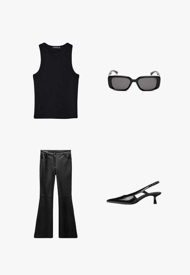 Čierny tank top vyrobený z bavlny, s okrúhlym výstrihom a širokými ramienkami. Hladká textúra so zošitými okrajmi. Klasický, minimalistický dizajn.; Čierne falošné kožené nohavice s rozšírenými nohavicami, jemnou textúrou, vysokým pásom, prednými vreckami a zipsom. Obsahujú švy na nohách.; Čierne lakované kožené lodičky na podpätku s špicatou špičkou, výrezovým dizajnom na boku a malým štvorcovým podpätkom. Hladký povrch s minimálnymi akcentmi.; Čierne obdĺžnikové slnečné okuliare s tmavými sklami, hladkým plastovým rámom a zakrivenými stranami. Dizajn je robustný s minimalistickou estetikou.; Hnedá kožená kabelka s hladkým povrchom, ktorá má zakrivený tvar a kovový logo. Popruh je zdobený dekoratívnymi nitmi po okraji.