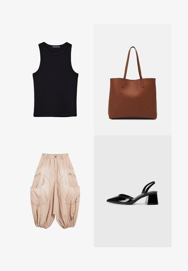 Crni top bez rukava od pamuka, s okruglim izrezom i širokim izrezima za ruke. Glatka tekstura s ušivenim rubovima. Klasičan, minimalistički dizajn.; Bež široke hlače napravljene od lagane tkanine, s velikim džepovima, elastičnim manžetama i vidljivim šavnim detaljima.; Crne lakirane kožne sandale s otvorenom petom i špicastim vrhom, s geometrijskom blok petom. Imaju elegantan, minimalistički dizajn i glatku teksturu.; Smeđa kožna torba preko ramena s glatkom teksturom, otvorenim vrhom i dvjema naramenicama. Ima minimalne šavove i nema vidljivog hardvera.