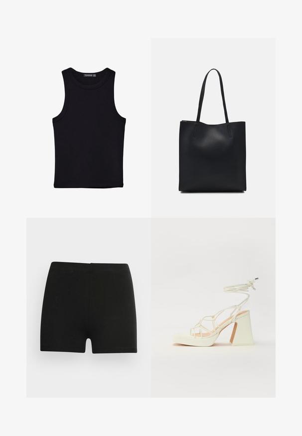 Czarny top na ramionczkach wykonany z bawełny, z okrągłym dekoltem i szerokimi wycięciami na ramionach. Gładka tekstura z przeszytymi brzegami. Klasyczny, minimalistyczny design.; Czarnie bawełniane szorty o dopasowanym kroju i elastycznym pasie. Gładka tekstura, długość do połowy uda, bez widocznych wzorów czy akcentów.; Biała sandał na wysokim obcasie z masywnym słupkiem, z paskowym wzorem i wiązaniem przy kostce. Gładka faktura z platformą z przodu dla dodatkowej wysokości.; Czarna skórzana torba tote o gładkiej fakturze, prostokątnym kształcie i dwóch długich uchwytach. Brak widocznych elementów metalowych i ozdób.