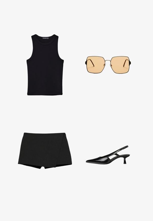 Sort tank top lavet af bomuld, med rund halsudskæring og brede armhuller. Glat tekstur med syede kanter. Klassisk, minimalistisk design.; Sorte, letvægts shorts med indpakningsdesign. Har en glat overflade og skarpe kanter. Lige kant og ingen synlige lukninger.; Sorte patentlæder slingback hæle med spids tå, udskåret sideskærm og en lille firkantet hæl. Glat tekstur med minimale detaljer.; Firkantede solbriller med brune linser og en tynd sort metalramme. Har skrå templer og justerbare næsepuder for komfort.; Sort læderhandtaske med et struktureret design, topbærerhåndtag og en detalje i guldfarvet metalklap på fronten. Glat tekstur, minimal syning.