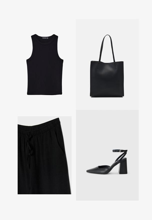 Čierny tank top vyrobený z bavlny, s okrúhlym výstrihom a širokými ramienkami. Hladká textúra so zošitými okrajmi. Klasický, minimalistický dizajn.; Čierne nohavice s elastickým pásom a šnúrkou, s uvoľneným strihom a bočnými vreckami. Materiál sa zdá byť mäkký a ľahký.; Čierne kožené lodičky s špicatou špičkou a členkovým remienkom, s masívnym podpätkom. Hladký povrch, elegantný dizajn a minimalistická estetika.; Čierna kožená taška na rameno s hladkým povrchom, obdĺžnikovým tvarom a dvoma dlhými uchami. Bez viditeľného kovania alebo ozdôb.