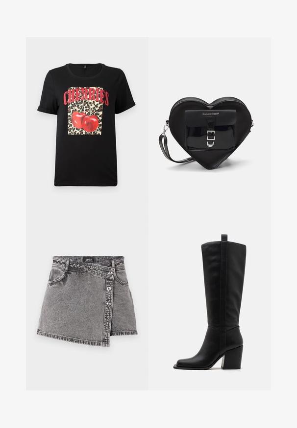 Fekete, rövid ujjú póló leopárdmintás négyzettel, piros cseresznyékkel és "CHERRIES" felirattal vastag piros betűkkel. Simító pamut anyag.; Szürke farmer mini szoknya aszimmetrikus szabással, ezüst gombokkal és elől pocket részlettel. Simább textúra és laza dizájn.; Fekete bőr, térdig érő csizmák, négyzet alakú orral, keskeny sarokkal és függőleges varrással a külső szár mentén. Simább textúra.; Fekete szív alakú táska lakkbőrből, elülső zsebbel, csattal záródik és levehető pánttal rendelkezik. Ezüst színű kiegészítők.