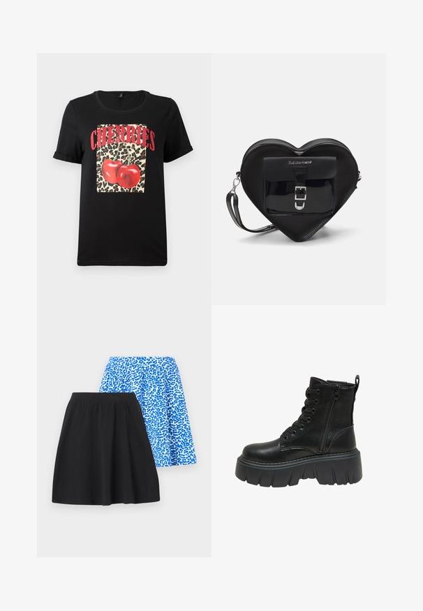 Fekete, rövid ujjú póló leopárdmintás négyzettel, piros cseresznyékkel és "CHERRIES" felirattal vastag piros betűkkel. Simító pamut anyag.; Két szoknya: az egyik fekete, puha anyagból készült; a másik kék, leopárdmintás, kényelmes, gumírozott derékkal.; Fekete bőr bokacsizma vastag talppal, fűzős elejével és oldalsó cipzárral a könnyű felvétel érdekében. A talpon textúrált részletezés található.; Fekete szív alakú táska lakkbőrből, elülső zsebbel, csattal záródik és levehető pánttal rendelkezik. Ezüst színű kiegészítők.