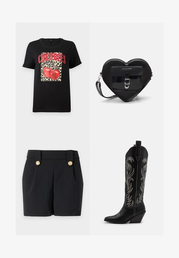 Crna kratka majica s kratkim rukavima koja prikazuje kvadrat s leopard uzorkom i crvenim trešnjama, uz natpis "TREŠNJE" ispisan velikim crvenim slovima. Glatka pamučna tkanina.; Crne hlače kratkog kroja s elegantnim dizajnom, s dekorativnim dugmadi u zlatnoj boji i glatkom teksturom. Bez džepova ili vidljivih šavova.; Crne kožne kauboj čizme s šiljastim prstima, klinastim potpeticama i srebrnim izvezenim cvjetnim uzorcima duž osovine. Kontrastni šavovi posvuda.; Crna torba u obliku srca od patentirane kože s prednjim džepom koji ima zatvaranje na kopču i odvojivi remen. Srebrni detalji.