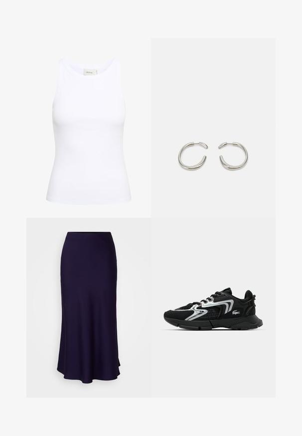 Hvit ribbet tanktop med rund hals og uten ermer. Stretchy stoff og tettsittende design. Merket på baksiden sier "GESTUZ."; Navy midi-skjørt laget av myk stoff, med en tettsittende midje og flagrende kant. Jevn tekstur uten synlige mønstre eller pynt.; Sorte atletiske joggesko med mesh- og syntetisk overdel, sølvfargede detaljer, avrundet tå, polstret krage og teksturert såle for grep.; Sølv hoop øredobber med en glatt, avrundet design og en elegant, polert finish. Har en minimalistsk form med en liten åpning.