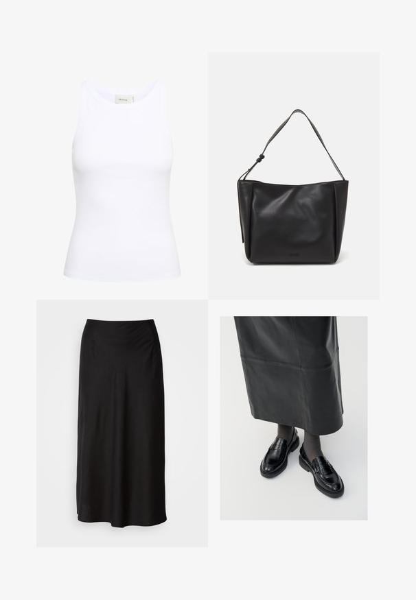 Bela rebrasta majica brez rokavov z okroglo ovratnikom. Raztegljiv material in prilegajoča zasnova. Oznaka na hrbtni strani pravi "GESTUZ."; Črna midi krila iz mehkega, lahkotnega blaga. Ima gladek elastičen pas in tekočo silhueto z rahlo A-linijsko obliko.; Črne usnjene loafer čevlje s gladko površino, ki imajo dekorativno srajco, okroglo konico in teksturiran podplat. Nosi se z dolgim črnim usnjennim krilom.; Calvin Klein GRACIE MEDIUM - Torbica - black; Srebrne uhane v obliki obroča z minimalističnim dizajnom. Krožna oblika, gladka tekstura in tanek profil. Lahki s poliranim zaključkom.