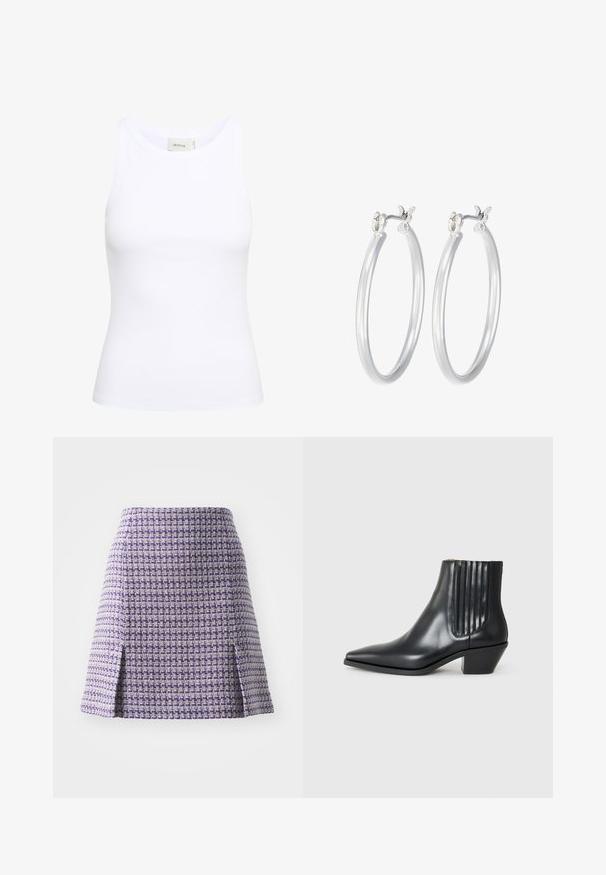 Hvid ribbet tanktop med rund halsudskæring og uden ærmer. Strækbart stof og tætsiddende design. Etiketten bagpå viser "GESTUZ."; Lilla tweed nederdel med et geometrisk mønster, der har en tætsiddende talje og to sidesprækker for bevægelsesfrihed. Struktureret overflade med en formet silhuet.; Sorte læder ankelstøvle med spids tå, elastiske sidepaneler med lodrette riller og en lav blokhæl. Glat tekstur og slankt design.; Sølv hoop øreringe med en glat, poleret overflade. Rund form og sikker klik-lukning. Letvægtsdesign, der er velegnet til hverdagsbrug.