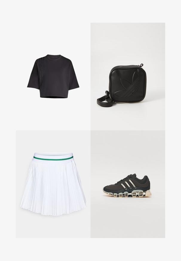Black cropped t-shirt with a round neck, loose short sleeves, featuring vertical satin stripe accents on the left side. Smooth texture.; White pleated skirt with a solid green elastic waistband. Features sharp, evenly spaced folds, creating a light, airy texture.; Black athletic shoe with a textured upper, three silver stripes, and a distinctive cushioning sole featuring multiple integrated sections.; Black square crossbody bag made of textured synthetic material. Features an embossed logo design and adjustable strap. Zipper closure.