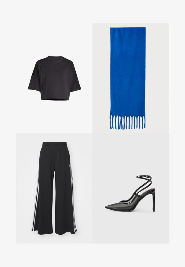 Black cropped t-shirt with a round neck, loose short sleeves, featuring vertical satin stripe accents on the left side. Smooth texture.; Black wide-leg sweatpants with an elastic waistband, featuring white side stripes and an embroidered logo on the left thigh.; Black high-heeled pump with pointed toe, mesh and patent leather combination, ankle strap with buckle detail, sleek silhouette.; Blue fringed scarf made of soft fabric; features a solid color with a textured surface and evenly cut fringe at the bottom.