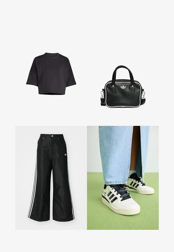 Crna skraćena majica s okruglim izrezom, labavim kratkim rukavima, s vertikalnim satenastim prugama na lijevoj strani. Glatka tekstura.; Crne široke traper hlače s tri bijele pruge sa svake strane i malim bijelim logom. Ima prednje džepove i preklop s gumbom.; Bijele kožne tenisice s crnim naglascima i vezicama. Imaju tri crne pruge, perforirani nos te teksturiranu gumenu petu.; Crna kožna torba s dva kratka ručka, srebrnim detaljima, bijelim naglascima i bijelim logotipom. Ima teksturiranu površinu i kompaktni dizajn.
