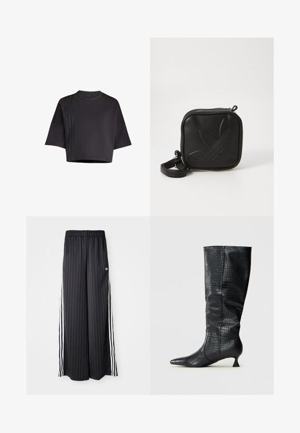 Crna skraćena majica s okruglim izrezom, labavim kratkim rukavima, s vertikalnim satenastim prugama na lijevoj strani. Glatka tekstura.; Crne široke hlače s vertikalnim bijelim prugama, elastičnim pojasom i tri bijele pruge sa strane. Adidas logo sprijeda.; Knee-high crne čizme od umjetne kože s sjajnom teksturom krokodila, šiljatim vrhom i uskim, kutnim potplatom. Klasičan dizajn i elegantna silueta.; Crna kvadratna torbica preko tijela napravljena od teksturiranog sintetičkog materijala. Ima urezani dizajn logotipa i podesivu traku. Zatvaranje na patentni zatvarač.