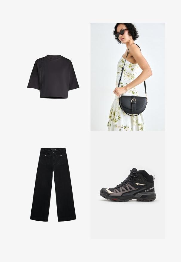 Czarny, krótki t-shirt z okrągłym dekoltem, luźnymi krótkimi rękawami, z pionowymi satynowymi paskami po lewej stronie. Gładka tekstura.; Czarne, szerokie dżinsy z wysokim stanem, z dwoma przednimi kieszeniami i metalowymi guzikami. Tkanina ma gładką fakturę.; Czarno-szara wspinaczkowa trzewik wykonany z siateczki i materiałów syntetycznych, z wytrzymałą podeszwą, sznurowanym projektem oraz wzmocnionym noskiem. Widoczne logo marki.; Czarna skórzana torebka o zakrzywionym kształcie, z odpinanym paskiem i złotymi akcentami. Torebka posiada klapę z zapięciem w kształcie klamry.