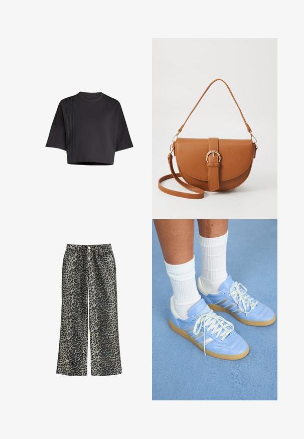 Camiseta negra corta con cuello redondo, mangas cortas sueltas, que presenta acentos de rayas de satén verticales en el lado izquierdo. Textura suave.; Pantalones de pierna ancha con estampado de leopardo en un tejido suave, que cuentan con una cintura alta, cinco bolsillos y cierre de botón metálico.; Zapatillas de cuero azul claro con detalles en blanco, cordones planos y suela de goma, combinadas con calcetines de algodón blancos de canalé sobre una superficie azul.; Bolso bandolera de cuero marrón con forma curvada, herrajes dorados y un acento de hebilla. Incluye una correa de hombro desmontable.