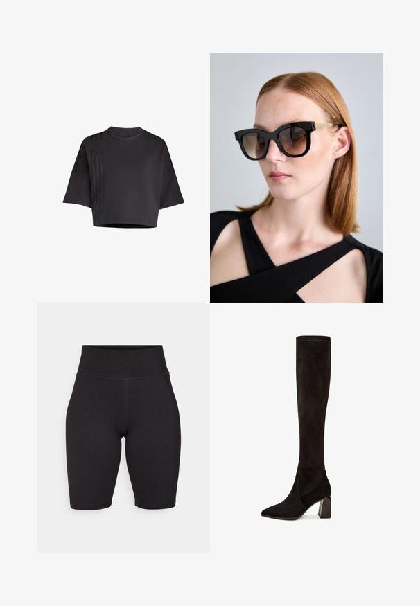 Czarny, krótki t-shirt z okrągłym dekoltem, luźnymi krótkimi rękawami, z pionowymi satynowymi paskami po lewej stronie. Gładka tekstura.; Czarne spodenki rowerowe wykonane z elastycznego materiału. Wysoki stan, gładka tekstura, do kolan z szwami z przodu i z tyłu dla lepszej struktury.; Czarne zamszowe kozaki za kolano z zakończeniem w szpic, z kwadratowym obcasem i gładką fakturą. Projekt zawiera minimalne detale przeszycia.; Kobieta z prostymi czerwonymi włosami, nosząca duże czarne okulary przeciwsłoneczne ze złotymi ramkami i czarną bluzkę z wycięciami na tle jednolitym.