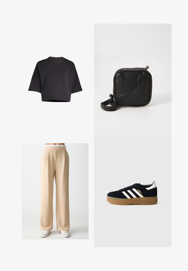 Schwarzes, cropped T-Shirt mit Rundhalsausschnitt und lockeren kurzen Ärmeln, das vertikale Satinstreifenakzente auf der linken Seite aufweist. Glatte Textur.; Beige, weite Hosen aus glattem Stoff mit entspanntem Schnitt. Sie verfügen über einen weichen, elastischen Bund und subtile Falten an der Vorderseite.; Schwarzer Wildledersneaker mit weißen drei Streifen und goldfarbenem Logo. Gummisohle mit strukturiertem Grip. Klassisches Low-Top-Design, abgerundete Zehenkappe.; Schwarze Umhängetasche aus strukturiertem synthetischem Material. Verfügt über ein eingeprägtes Logodesign und einen verstellbaren Riemen. Mit Reißverschluss geschlossen.