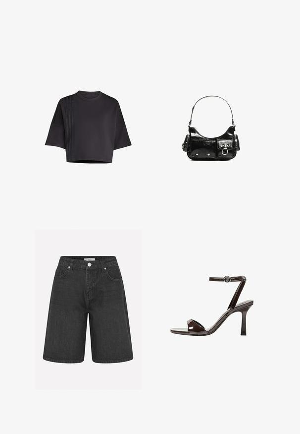 Černé zkrácené tričko s kulatým výstřihem, volnými krátkými rukávy, s vertikálními saténovými pruhy na levé straně. Hladká textura.; Envii DANK LONG - Džínové kraťasy - black worn; Hnědé lakované kožené sandály na vysokém podpatku s páskem kolem kotníku, otevřenou špičkou a elegantním, minimalistickým designem. Obsahují čtvercový podpatek.; Černá lakovaná kožená kabelka s křivkovým tvarem, jedním ramenním popruhem, předními kapsami a stříbrnými kovovými detaily.