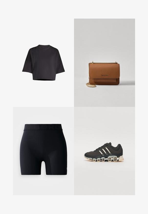 Černé zkrácené tričko s kulatým výstřihem, volnými krátkými rukávy, s vertikálními saténovými pruhy na levé straně. Hladká textura.; Černé sportovní šortky s širokým, strukturovaným pasem, na kterém je uvedeno jméno značky, hladká tkanina a přiléhavý střih. Bez kapes.; Černá atletická bota s texturovaným svrškem, třemi stříbrnými pruhy a výraznou odpruženou podrážkou se spoustou integrovaných sekcí.; Hnědá texturovaná kožená kabelka přes rameno se zlatým řetízkovým popruhem a klopnovým uzavíráním. Přední strana obsahuje detail loga a kapsu pod klopou.