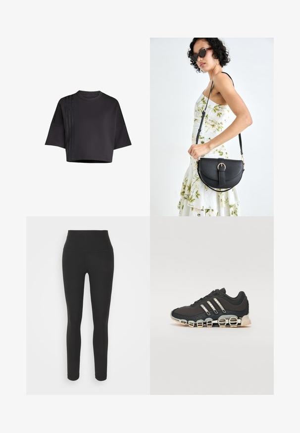 Czarny, krótki t-shirt z okrągłym dekoltem, luźnymi krótkimi rękawami, z pionowymi satynowymi paskami po lewej stronie. Gładka tekstura.; Czarne legginsy wykonane z elastycznego materiału, z wysokim stanem, prążkowaną teksturą i dopasowanym krojem. Bez widocznych wzorów ani detali hardware.; Czarne sportowe buty z teksturowaną cholewką, trzema srebrnymi paskami i charakterystyczną podeszwą z amortyzacją, składającą się z wielu zintegrowanych sekcji.; Czarna skórzana torebka o zakrzywionym kształcie, z odpinanym paskiem i złotymi akcentami. Torebka posiada klapę z zapięciem w kształcie klamry.