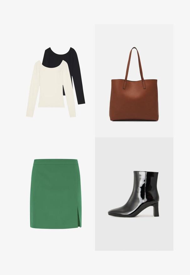 Zwei Langarmoberteile, eines in Weiß und das andere in Schwarz, mit geripptem Design und weitem Ausschnitt, flach ausgelegt mit ausgestreckten Ärmeln.; Grüne Minirock mit glatter Textur, gerade geschnitten und mit einem seitlichen Schlitz für zusätzliche Details. Schlichtes, unverziertes Design.; Schwarzer Lackleder-Stiefelette mit spitzer Zehe und einem mittelhohen Blockabsatz. Glatte Textur und minimalistisches Design.; Braune Leder-Tote mit glatter Textur, offenem Oberteil und zwei Schulterriemen. Verfügt über minimale Nähte und keine sichtbaren Beschläge.