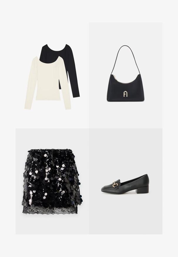 Divi garām piedurkņu tops, viens balts un otrs melns, ar ribotu faktūru un platu kakla izgriezumu, izklāti plakani ar izstieptām piedurknēm.; Melna mini svārku ar lieliem spīdīgiem spīdumiem, kas tiek kārtoti virs smalkas melnas mežģīņu apdari apakšmalā, uz balta fona.; Melnas ādas loafers ar plakanu papēdi, kurām priekšā ir dekoratīvs zelta aparatūras elements un gluda tekstūra.; Melnas plecu soma, izgatavota no gludas materiāla, ar izliekta forma, zelta rāvējslēdzis un zelta iespiests logo akcentu priekšpusē.