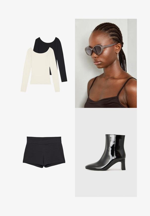 Dwa long-sleeve topy, jeden biały, a drugi czarny, z prążkowanym teksturą i szerokim dekoltem, leżące płasko z wyciągniętymi rękawami.; Czarne, dopasowane szorty z szerokim pasem, wykonane z miękkiego, elastycznego materiału. Brzegi są gładkie, bez widocznych zapięć lub wzorów.; Czarne lakierowane botki za kostkę z wysmukłym noskiem i średniej wysokości obcasem w kształcie słupka. Gładka tekstura i minimalistyczny design.; Szare, przerośnięte okulary przeciwsłoneczne o zaokrąglonym kształcie i ciemnych soczewkach. Smukła plastikowa oprawka o gładkim wykończeniu. Model ma warkocze.