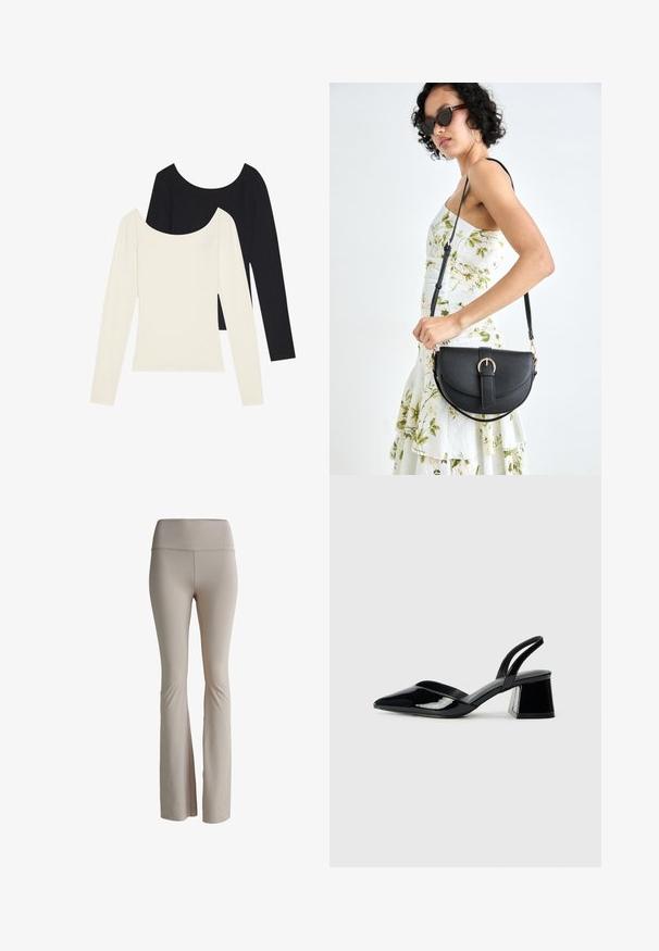 Duetos ilgomis rankovėmis, vienas baltas, o kitas juodas, su reljefine tekstūra ir plačiu apykaklės iškirpimu, ištiesti ant plokščio paviršiaus su ištiestomis rankovėmis.; Bežinės platėjančios legging kelnių sukurtos iš tamprių medžiagų. Aukštas liemuo su subtiliu prekės ženklu. Lygus paviršius be matomų siūlių ar raštų.; Juodos lakuotos odinės šlepetės su smailiu pirštu ir geometriniu bloko kulnu. Turi elegantišką, minimalistinį dizainą ir lygų paviršių.; Juodas odinis krepšys su išlenkta forma, nuimamu dirželiu ir auksiniais detalėmis. Krepšys turi kilpą su sagtimi.