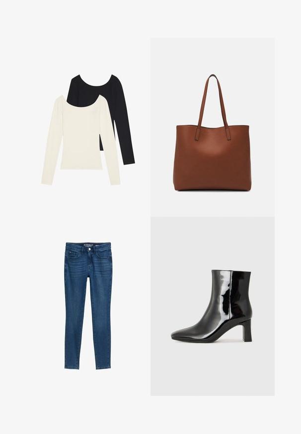 Dve majice z dolgimi rokavi, ena bela in ena črna, z rebrovnim vzorcem in širokim dekoltejem, razporejene na plosko z raztegnjenimi rokavi.; Jeans iz džinsa v temno modri barvi s ozkim krojem. Imajo klasičen pet-pocket dizajn, gumbasto zapiranje in detajle na šivih. Gladka tekstura.; Črne lakirane gležnjarje z ošiljenim nosom in srednje visokim blokastim peto. Gladka tekstura in minimalističen dizajn.; Rjava usnjena torba z gladko teksturo, odprto zasnovo zgoraj in dvema naramnima trakovoma. Opremljena je z minimalnim šivanjem in brez vidnih kovinskih delov.