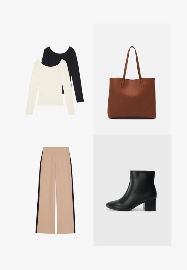 To langermede topper, en hvit og en svart, som har ribbestruktur og vid halsutskjæring, lagt flatt med ermene utstrakt.; Beige vidde bukser med glatt tekstur, med svarte sidestriper. Livbeltest er elastisk for komfort og enkel bruk.; Sorte skinn ankelsko med spiss tå og chunky hæl. Glatt tekstur med minimale detaljer og et elegant, tettsittende design.; Brun lær tote veske med en jevn tekstur, åpen toppdesign og to skulderstropper. Har minimal søm og ingen synlige spiker.