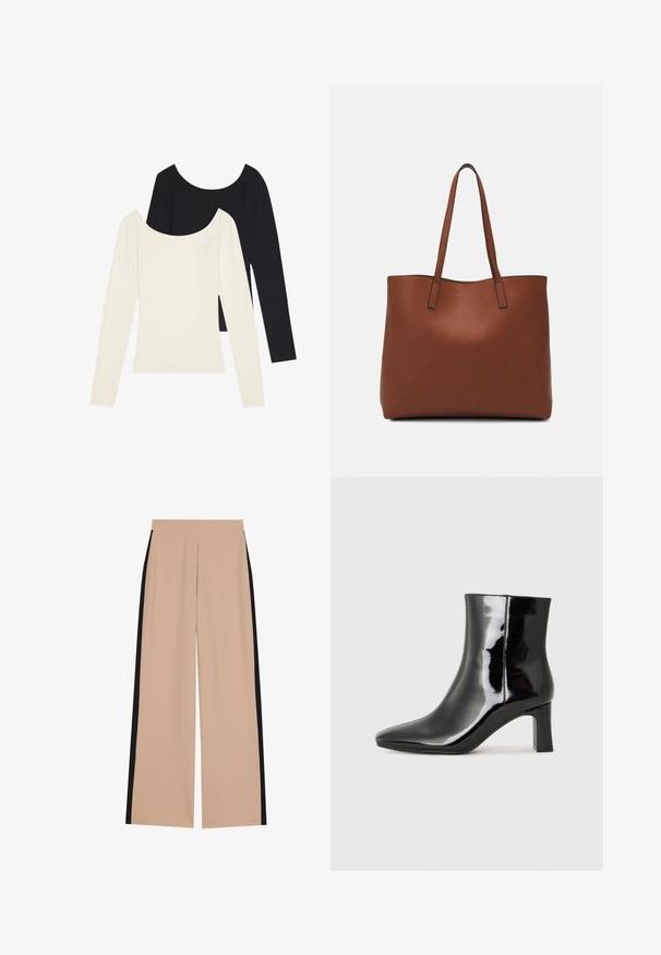 Dvě dlouhé rukávy, jeden bílý a jeden černý, s ribovanou texturou a širokým výstřihem, ležící rovně s roztaženými rukávy.; Beige kalhoty s širokým střihem a hladkým povrchem, se černými bočními pruhy. Pas je elastický pro pohodlí a snadné nošení.; Černé lakované kotníkové boty s špičatou špičkou a středně vysokým blokovým podpatkem. Hladká textura a minimalistický design.; Hnědá kožená taška přes rameno s hladkou texturou, otevřeným designem a dvěma ramenními popruhy. Obsahuje minimální švy a žádné viditelné kovové prvky.