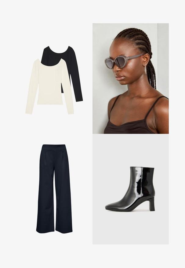 Két hosszú ujjú felső, egy fehér és egy fekete, bordázott textúrával és széles nyakkivágással, laposan elhelyezve, kiterjesztett ujjal.; Bő szárú nadrág rugalmas sötétkék anyagból, sima derékkal és két elülső zsebbel, laza szabással és teljes hosszúságú kialakítással.; Fekete lakk bőrcipő bokáig érő, hegyes orral és közepes magasságú tömbsarokkal. Simább textúrával és minimalista dizájnnal rendelkezik.; Szürke, oversized napszemüveg kerek formával és sötét lencsékkel. Sima felületű, elegáns műanyag keret. A modellen fonott haj van.