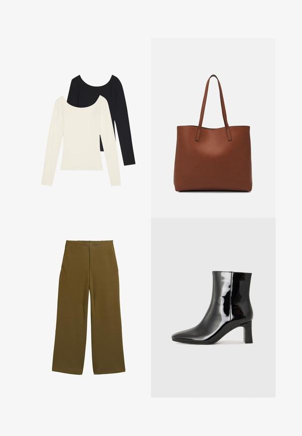 Dva majice dugih rukava, jedna bijela i jedna crna, s rebrastom teksturom i širokim izrezom, položene ravno s raširenim rukavima.; Hlače širokih nogavica od maslinasto zelene tkanine, s glatkom teksturom i bez vidljivih kopčanja. Dizajnirane za ležeran kroj s čistim linijama.; Crne lakirane kožne gležnjače s šiljastim prstom i srednje visokom blok petom. Glatka tekstura i minimalistički dizajn.; Smeđa kožna torba preko ramena s glatkom teksturom, otvorenim vrhom i dvjema naramenicama. Ima minimalne šavove i nema vidljivog hardvera.