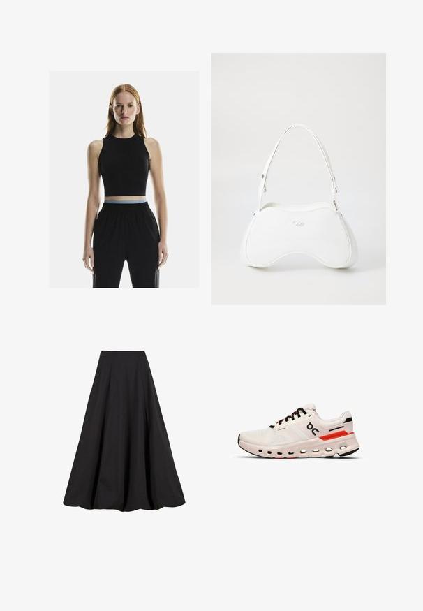 Top corto negro sin mangas con un cuello alto, que cuenta con una cinturilla de contraste en azul claro, combinado con pantalones negros sueltos.; Falda negra de largo completo hecha de tela suave, con pliegues y cintura alta. El diseño ofrece una silueta fluida y un amplio volumen.; On CLOUDRUNNER 2 - Zapatillas running asfalto - undyed   sand; Bolso blanco con una superficie lisa y brillante, forma curva y una sola correa ajustable. Presenta un logotipo grabado en la parte frontal.