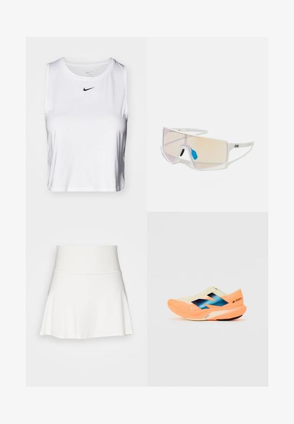 Balts bez piedurknēm sporta krekls, kas izgatavots no gludas auduma, ar apaļu kakla izgriezumu un mazu melnu Nike logo uz krūškurvja.; Balta izplešama svārku, kas izgatavota no stieptas auduma, ar platu jostas daļu un bezšuvju dizainu, ar gludu, maigu tekstūru.; Skriešanas apavi ar vieglu krēmkrāsas augšdaļu, zilu zīmolu un oranžiem akcents uz zoles. Acu tekstūra gaisa caurlaidībai.; Balti rāmji saulesbrilles ar lieliem, gradienta lēcu toņiem, kas no rozā pakāpeniski pāriet gaisā oranžā krāsā, akcentētas ar zilu deguna daļu un logo detaļu.
