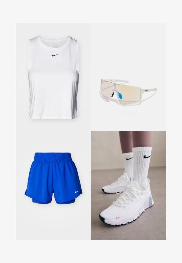 Hvit ærmeløs treningstopp laget av glatt stoff, med rund halslinning og en liten svart Nike-logo på brystet.; Blå idrettsshorts med elastisk midjebånd, innerfor og sidesplitter for bevegelighet. En liten hvit logo er synlig på den nedre siden.; Nike Performance FREE METCON 6 - Treningssko - white/hot punch/denim turquoise/black/pure platinum; Hvitinnrammede solbriller med store gradientlinser som har en rosa til lys oransje nyanse, aksentuert av en blå nesebro og logodetalj.