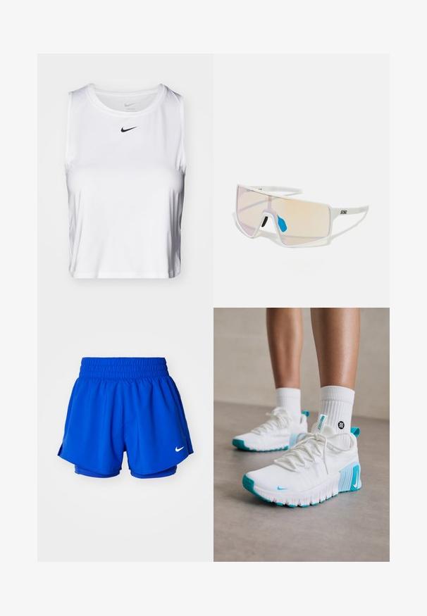 Balts bez piedurknēm sporta krekls, kas izgatavots no gludas auduma, ar apaļu kakla izgriezumu un mazu melnu Nike logo uz krūškurvja.; Zila sporta šorti ar elastīgu jostu, iekšējo oderi un sānu izgriezumiem mobilitātei. Apakšējā pusē redzama neliela balta logo.; Baltas sporta apavi ar tirkīza akcentiem, strukturētu virsu, elastīgu zoli un auklām. Valkāti ar baltām augstajām zeķēm.; Balti rāmji saulesbrilles ar lieliem, gradienta lēcu toņiem, kas no rozā pakāpeniski pāriet gaisā oranžā krāsā, akcentētas ar zilu deguna daļu un logo detaļu.