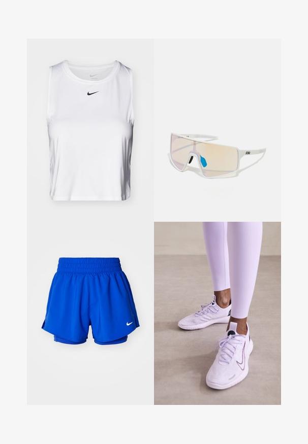 Witte mouwloze sporttop gemaakt van gladde stof, met een ronde halslijn en een klein zwart Nike-logo op de borst.; Blauwe sportshorts met een elastische tailleband, binnenvoering en zijsplitten voor bewegingsvrijheid. Een klein wit logo is zichtbaar aan de onderkant.; Nike Performance FREE RN FK NATURE - Hardloopschoenen voor op de weg - lilac bloom/black/barely grape/vivid purple; Witte, omrande zonnebril met grote, gradient glazen die een tint van roze naar lichtoranje hebben, aangevuld met een blauwe neussteun en logo-details.