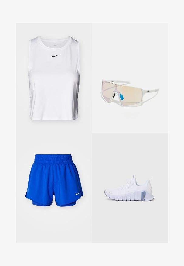 Biała bezrękawnikowa koszulka sportowa z gładkiego materiału, z okrągłym dekoltem i małym czarnym logo Nike na piersi.; Niebieskie szorty sportowe z elastycznym paskiem w talii, wewnętrzną podszewką i bocznymi rozcięciami dla większej swobody ruchów. Na dolnej stronie widoczny jest mały biały logo.; Białe sneakersy Nike z teksturowaną cholewką, fioletowymi akcentami na podeszwie i logo oraz elastyczną, rowkowaną podeszwą dla lepszej przyczepności.; Białe okulary przeciwsłoneczne w dużej oprawie, z gradientowymi soczewkami w odcieniu różowym do jasnopomarańczowym, podkreślonymi niebieskim noskiem i detalem z logo.