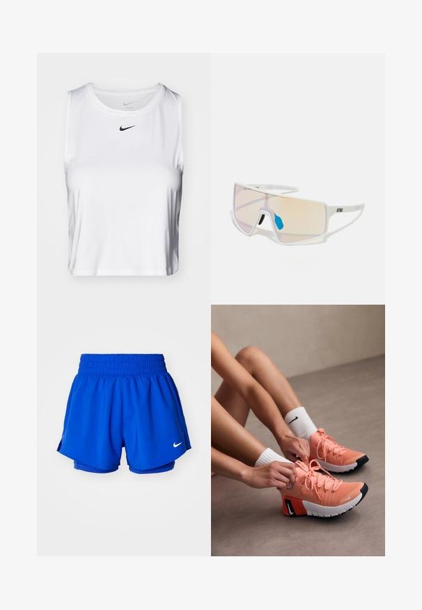 Top deportivo sin mangas blanco, hecho de una tela suave, con un escote redondo y un pequeño logo negro de Nike en el pecho.; Pantalones cortos deportivos azules con cintura elástica, forro interior y aberturas laterales para mayor movilidad. Un pequeño logo blanco es visible en el lado inferior.; Zapatillas deportivas ligeras de color rosa con tejido texturizado, cordones prominentes y suelas de goma. Terminadas con un detalle de logo en blanco y negro contrastante.; Gafas de sol con marco blanco y lentes grandes en degradado que presentan un tinte de rosa a naranja claro, acentuadas con una pieza nasal azul y un detalle del logo.