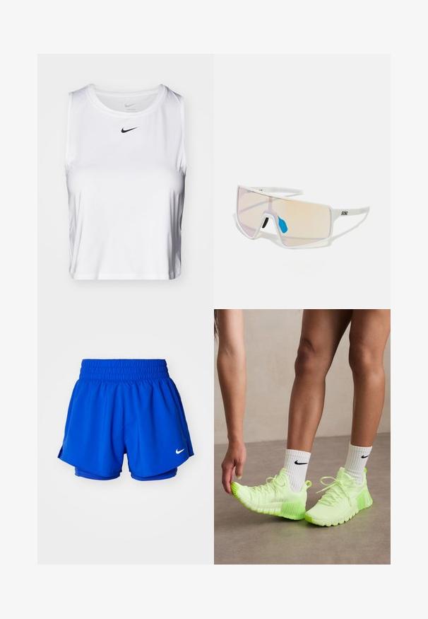 Haut de sport sans manches blanc en tissu lisse, avec un col rond et un petit logo Nike noir sur la poitrine.; Shorts de sport bleu avec une taille élastique, une doublure intérieure et des fentes sur les côtés pour plus de mobilité. Un petit logo blanc est visible sur le côté inférieur.; Baskets de sport vert fluo avec semelle texturée, design à lacets et logo Nike blanc sur le côté. Portées avec des chaussettes blanches avec des accents noirs.; Lunettes de soleil avec monture blanche et grandes verres dégradés, présentant une teinte allant de rose à orange clair, rehaussées d'une pièce de nez bleue et d'un détail de logo.