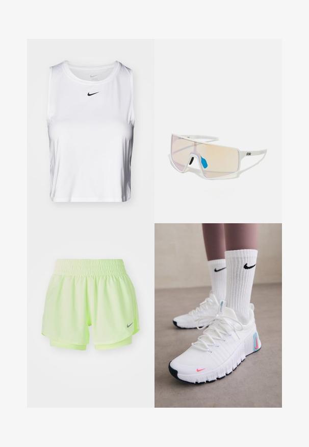 Weißes ärmelloses Sportoberteil aus glattem Stoff, mit Rundhalsausschnitt und kleinem schwarzen Nike-Logo auf der Brust.; Neon grüne Sportshorts mit einem gerafften Bund, leichtem Stoff und einem kleinen grauen Nike-Logo auf der Vorderseite rechts.; Nike Performance FREE METCON 6 - Trainingsschuh - white/hot punch/denim turquoise/black/pure platinum; Weiß gerahmte Sonnenbrillen mit großen, verlaufenden Gläsern, die von einem rosa bis hellorange Farbverlauf reichen, akzentuiert durch ein blaues Nasenstück und ein Logo-Detail.